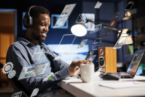 business person using laptop multitasking finish daily startup tasks business person using laptop multitasking finish daily startup tasks